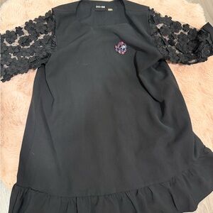 DO+BE Black Cocktail Dress with Ruffled Bishop Sleeves